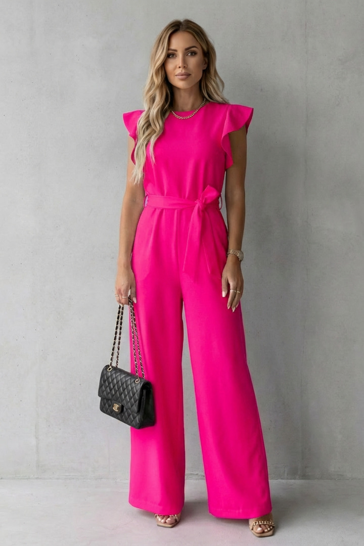 Women's Wide Leg Jumpsuit with Ruffle Sleeves and Belt - Ilyanne
