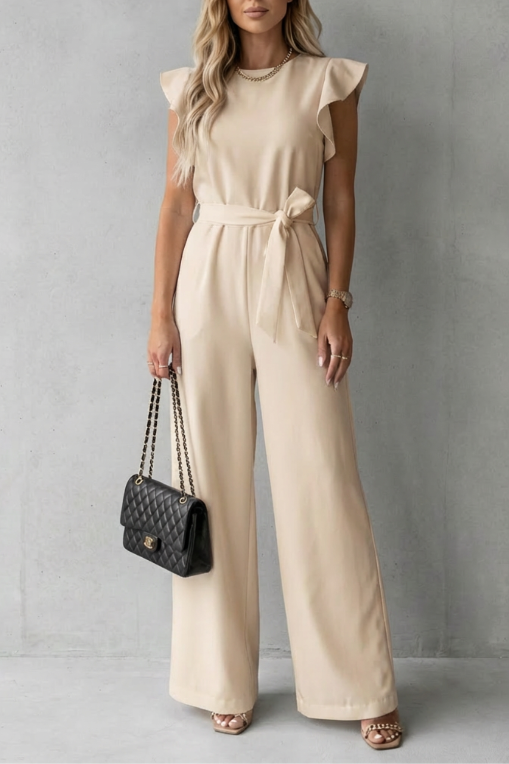 Women's Wide Leg Jumpsuit with Ruffle Sleeves and Belt - Ilyanne