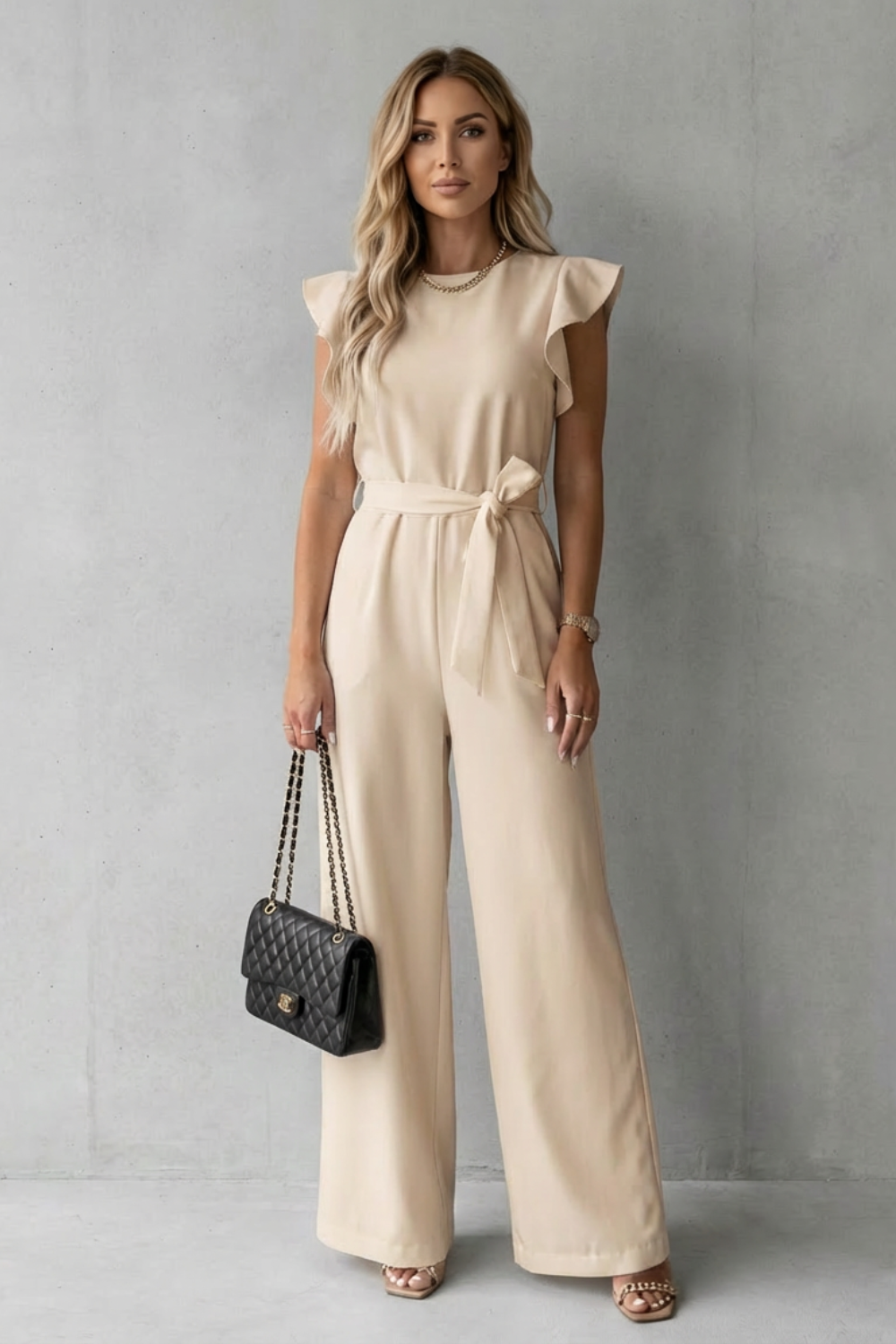 Women's Wide Leg Jumpsuit with Ruffle Sleeves and Belt - Ilyanne