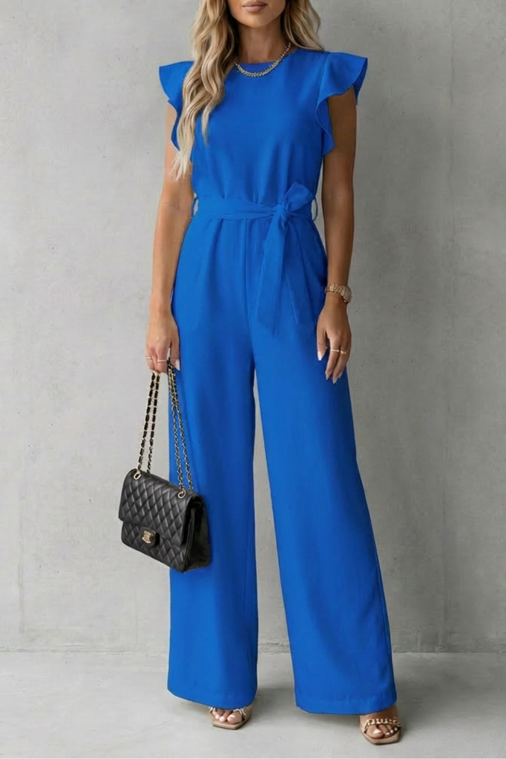 Women's Wide Leg Jumpsuit with Ruffle Sleeves and Belt - Ilyanne