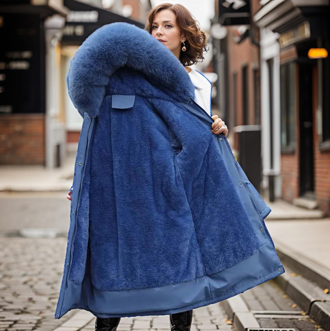 Bainbridge women's hooded winter parka in Cornflower Blue – detail view