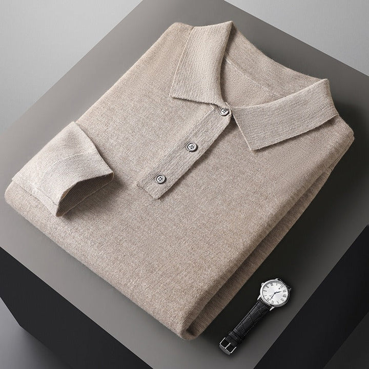 Men's soft knit polo jumper Ferris in Beige – folded, three-button collar