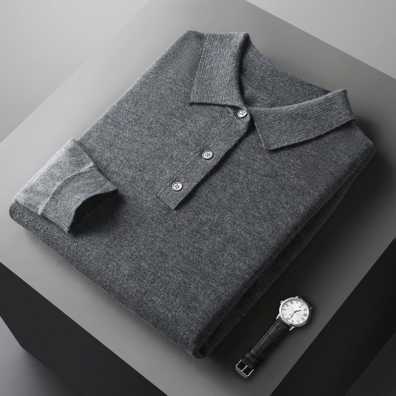 Men's soft knit polo jumper Ferris in Grey – folded, three-button collar
