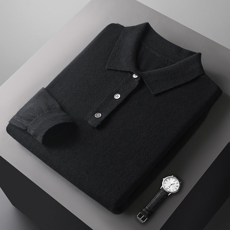 Men's soft knit polo jumper Ferris in Black – folded, three-button collar