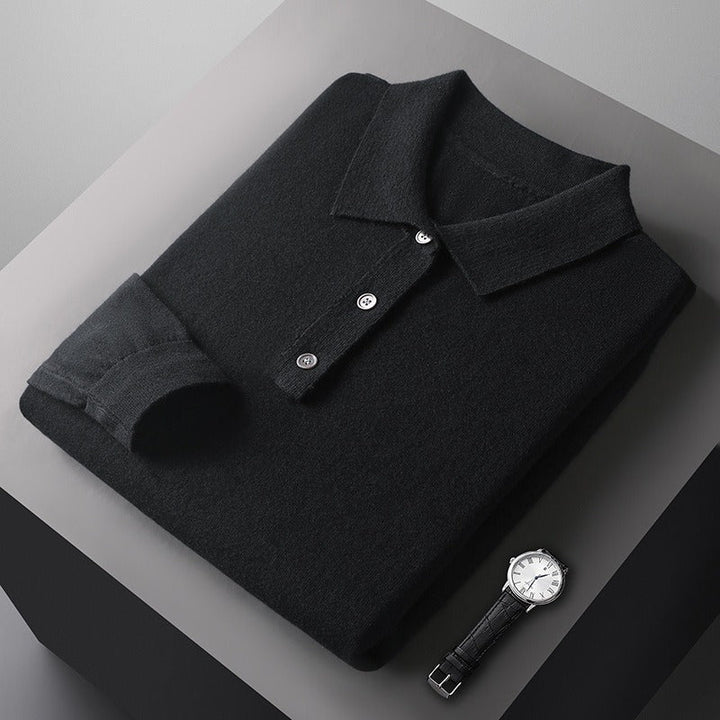 Men's soft knit polo jumper Ferris in Black – folded, three-button collar