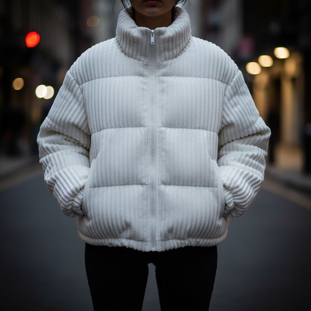 Moffat women's corduroy puffer jacket in Ivory – front view on model