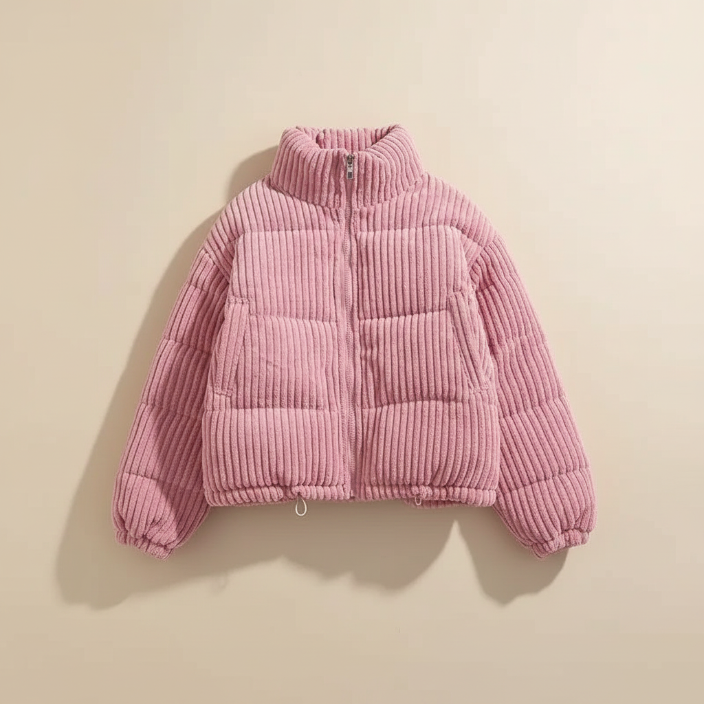 Moffat women's corduroy puffer jacket in Pink – flat lay front view