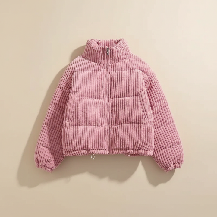 Moffat women's corduroy puffer jacket in Pink – flat lay front view