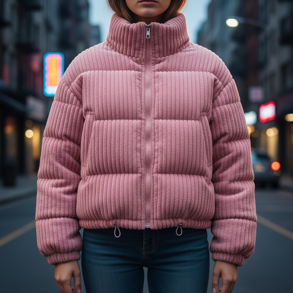 Moffat women's corduroy puffer jacket in Pink – front view on model