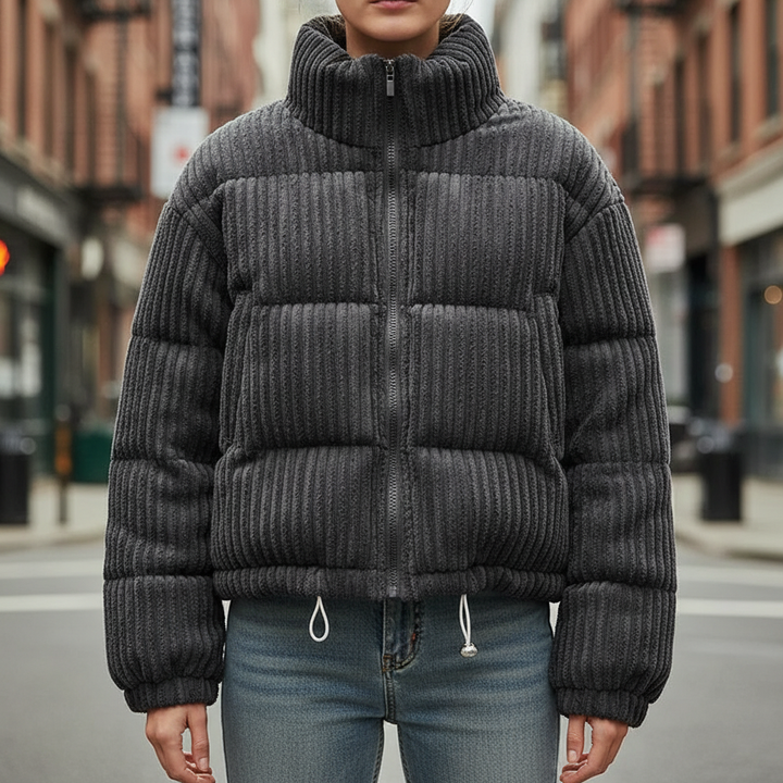 Moffat women's corduroy puffer jacket in Charcoal – front view on model
