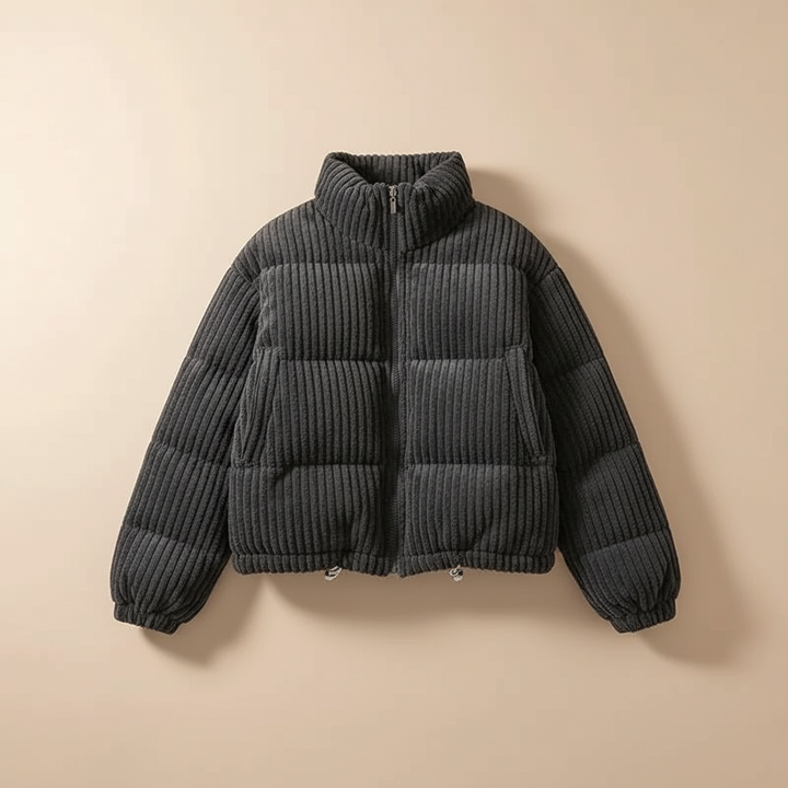 Moffat women's corduroy puffer jacket in Charcoal – flat lay front view