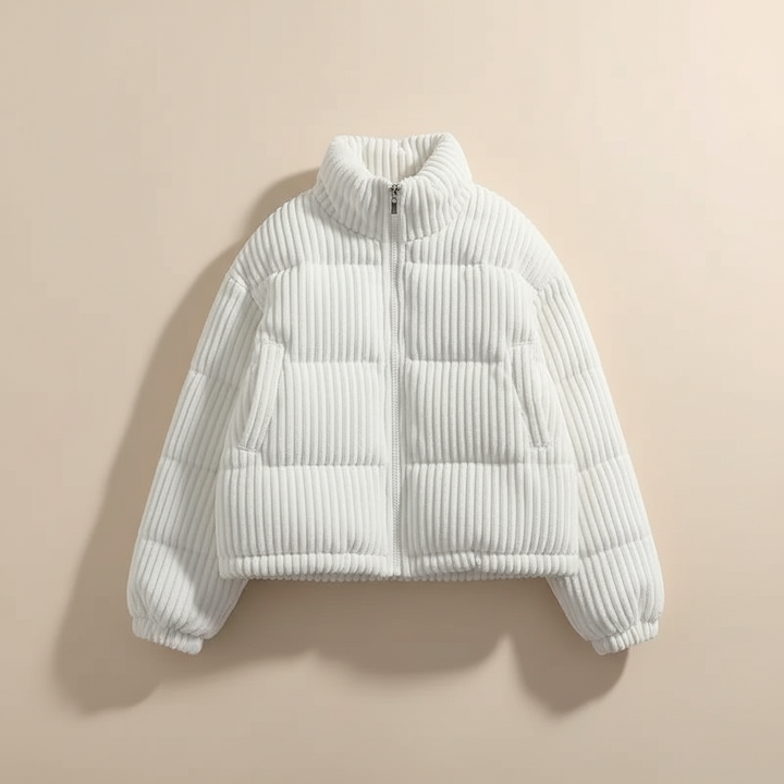 Moffat women's corduroy puffer jacket in Ivory – flat lay front view