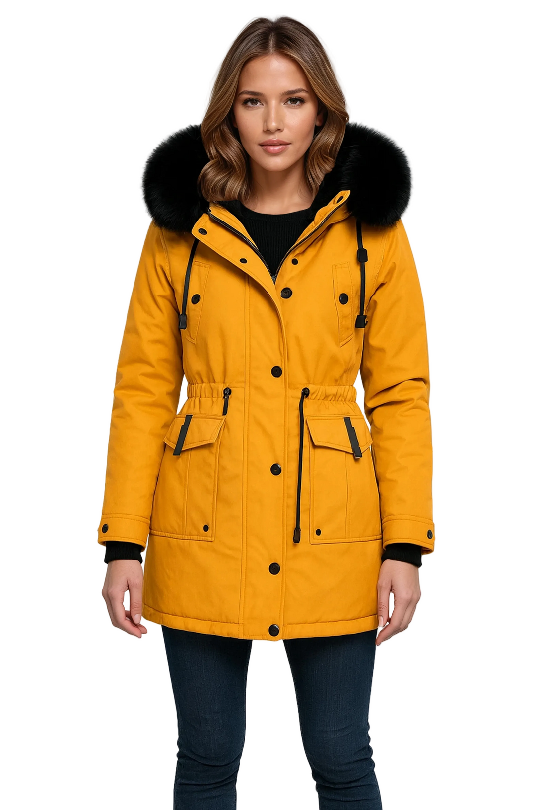 Swaffham women's fitted hooded parka in Ochre – front view