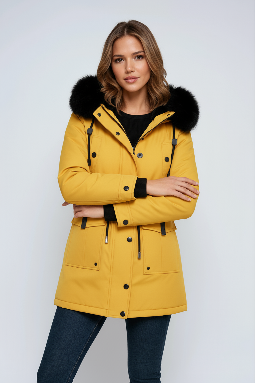 Swaffham women's fitted hooded parka in Mustard – front view