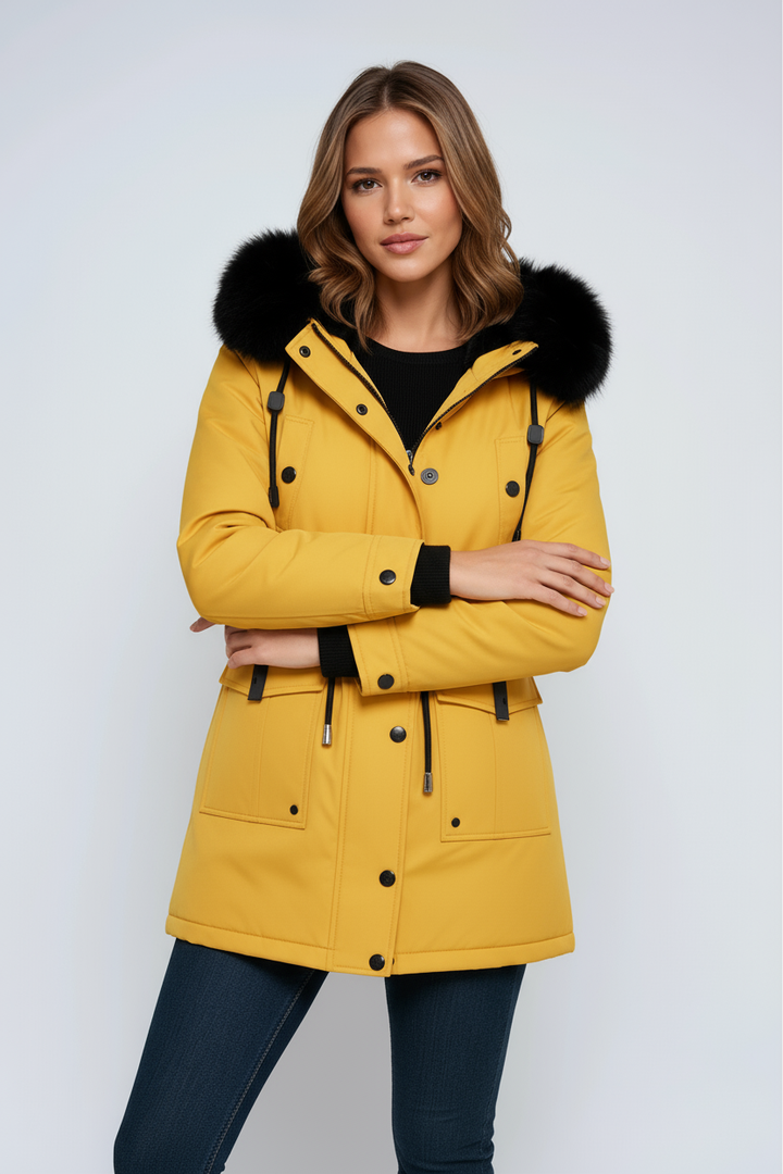 Swaffham women's fitted hooded parka in Mustard – front view