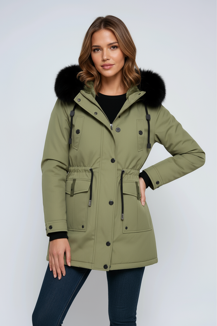 Swaffham women's fitted hooded parka in Olive – front view