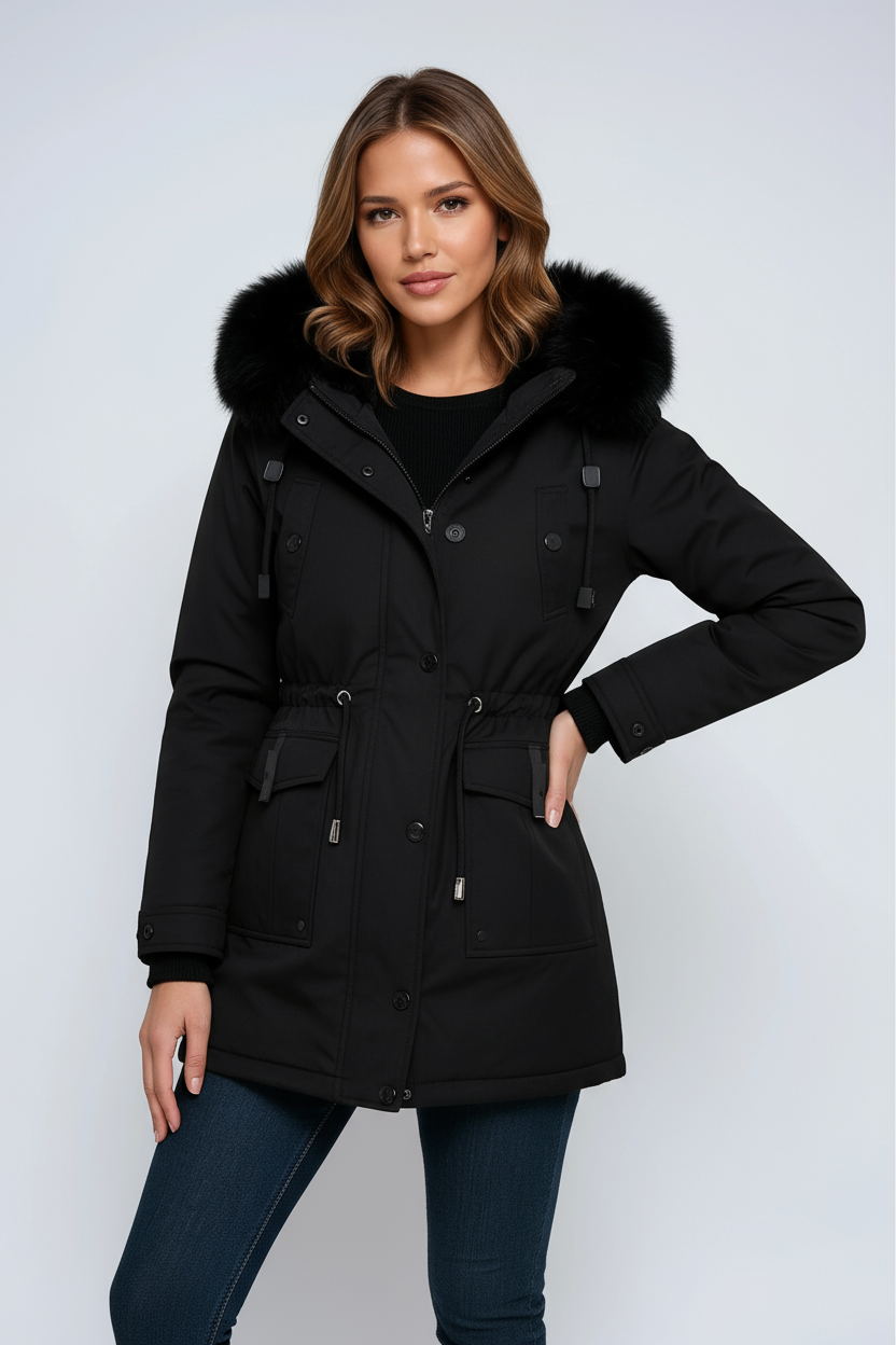Swaffham women's fitted hooded parka in Black – front view