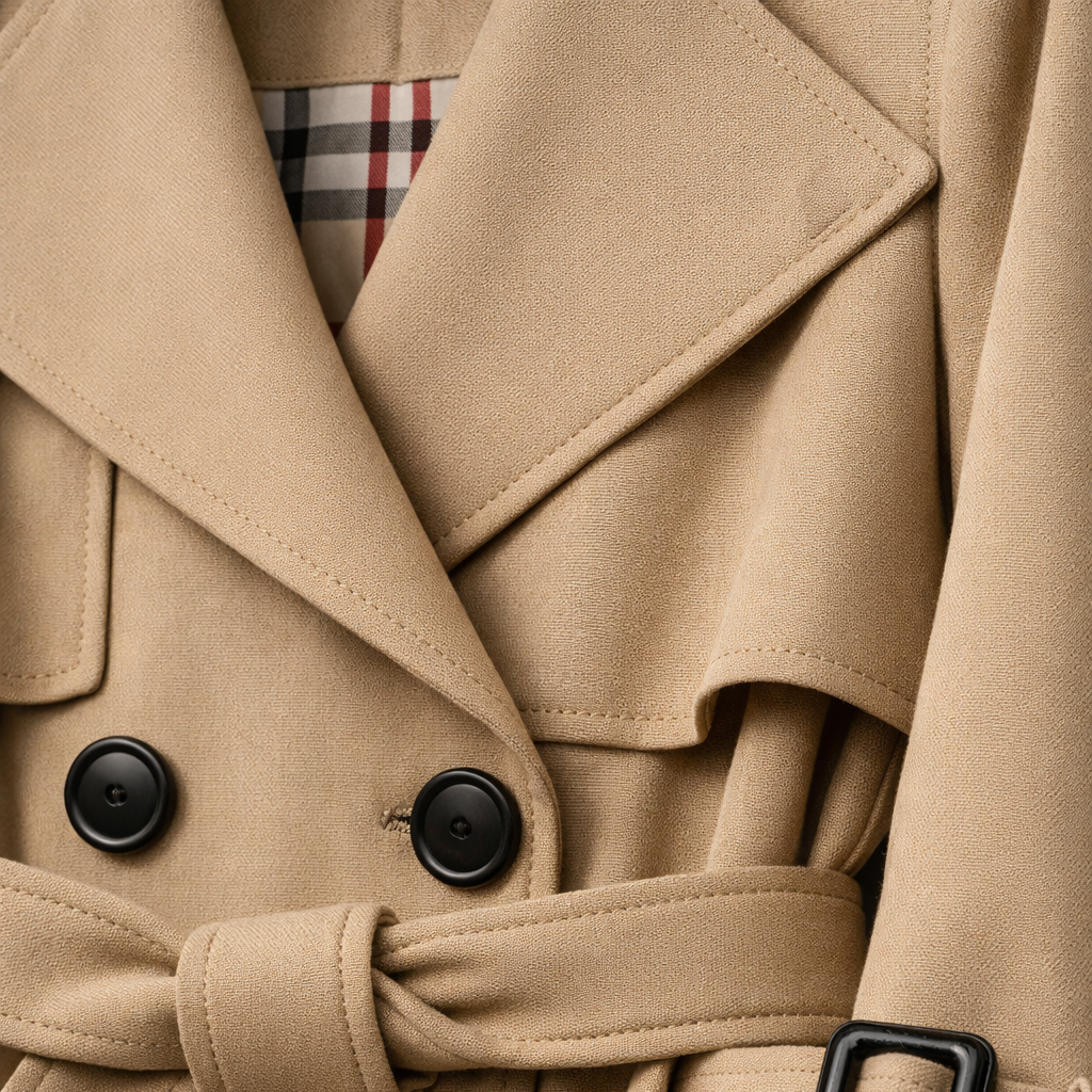 Women's Double-Breasted Belted Trench Coat with Check Lining – Alnmouth – Beige – detail view of lapels and buttons