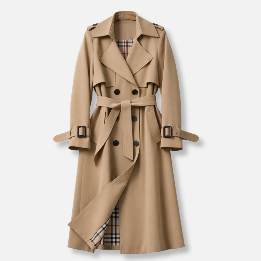 Women's Double-Breasted Belted Trench Coat with Check Lining – Alnmouth – Beige – front view flat lay