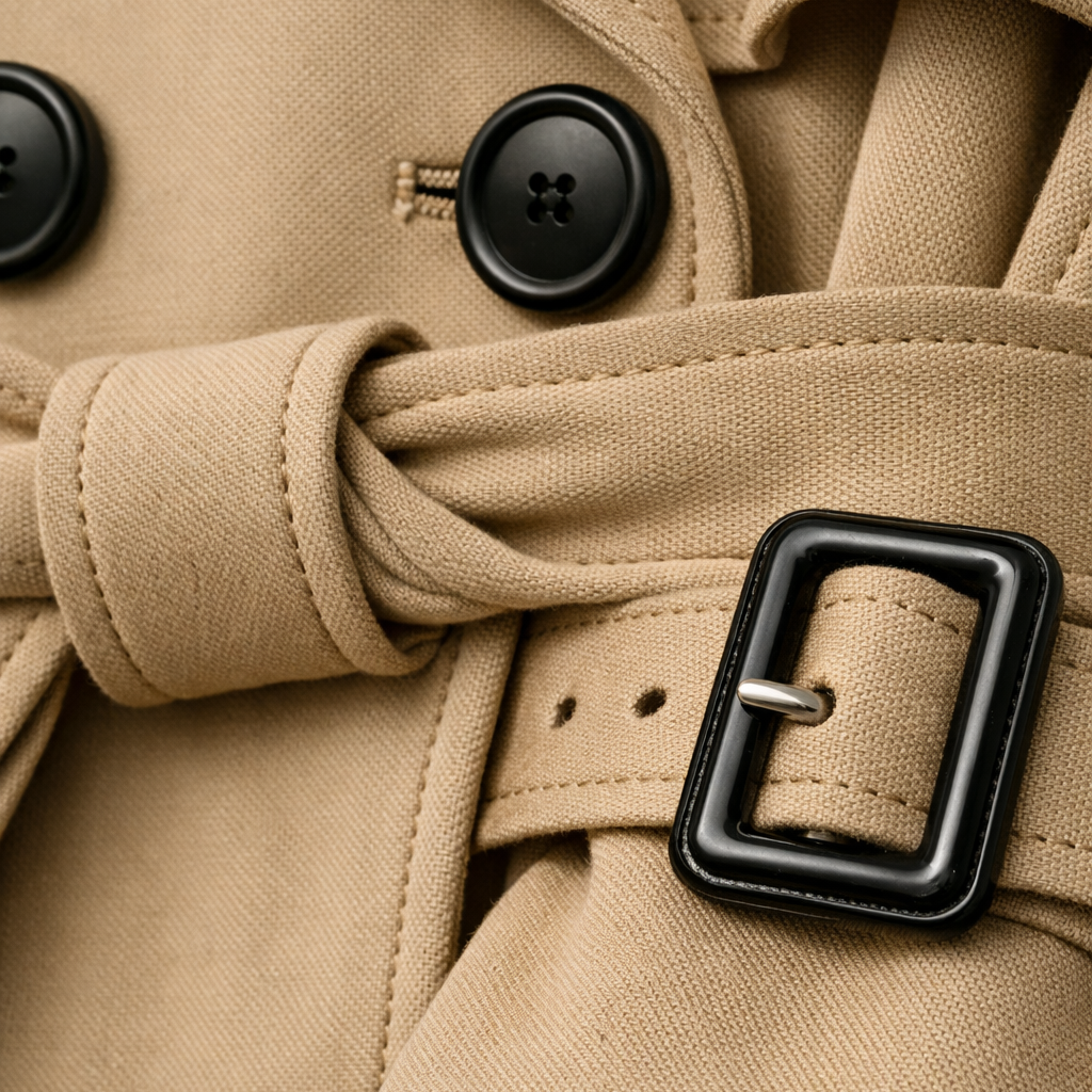 Women's Double-Breasted Belted Trench Coat with Check Lining – Alnmouth – Beige – detail view of belt and buckle