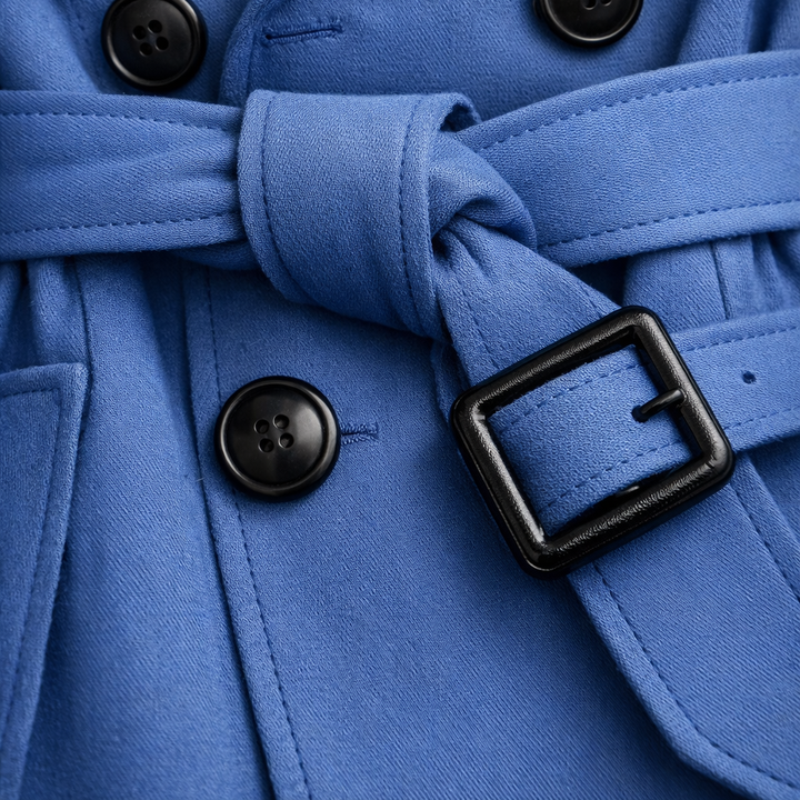 Women's Double-Breasted Belted Trench Coat with Check Lining – Alnmouth – Blue – detail view of belt and buckle