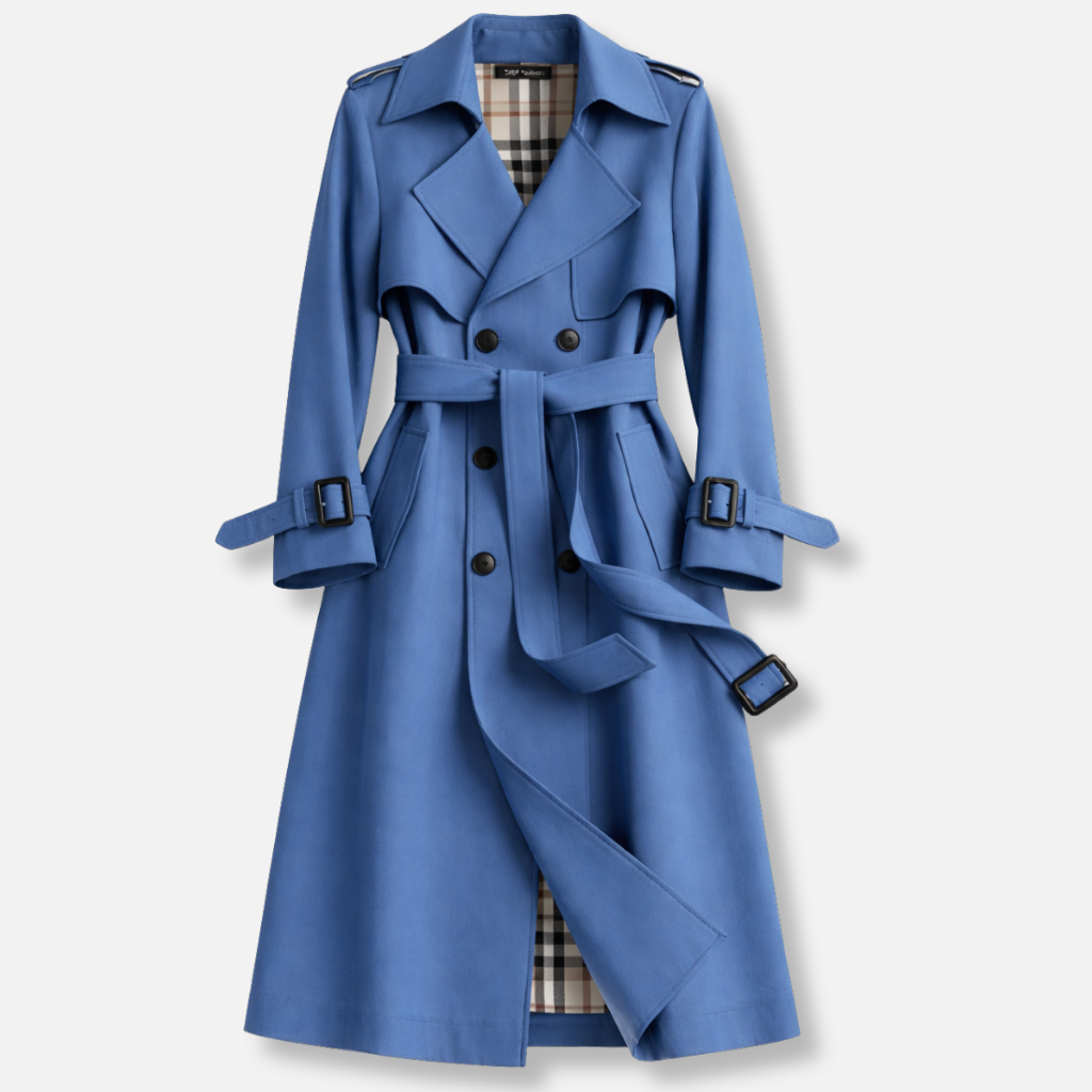 Women's Double-Breasted Belted Trench Coat with Check Lining – Alnmouth – Blue – front view