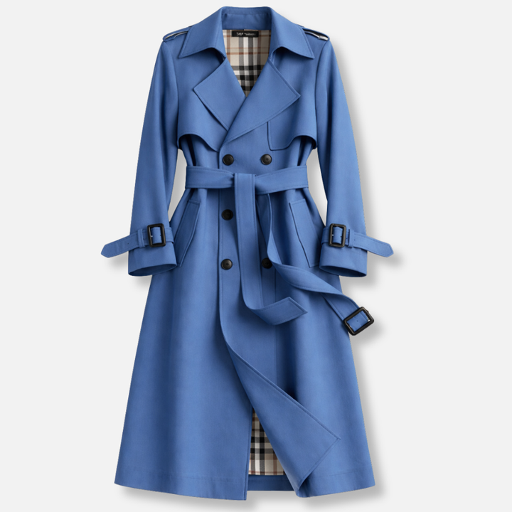 Women's Double-Breasted Belted Trench Coat with Check Lining – Alnmouth – Blue – front view
