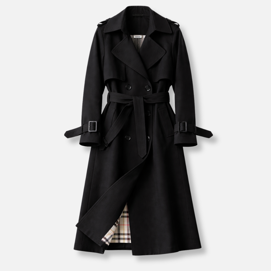 Women's Double-Breasted Belted Trench Coat with Check Lining – Alnmouth – Black – front view