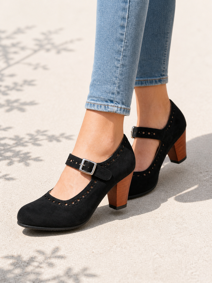 Women's Brogue Block Heel Mary Jane Shoes Imogen – Black – front