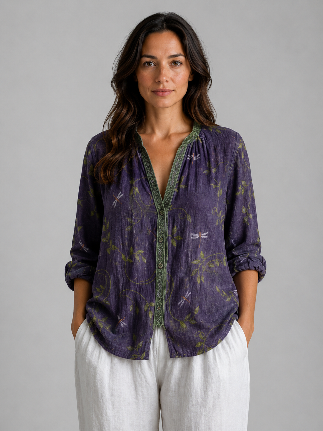 Marigold printed split-neck blouse in Purple dragonfly print – front view