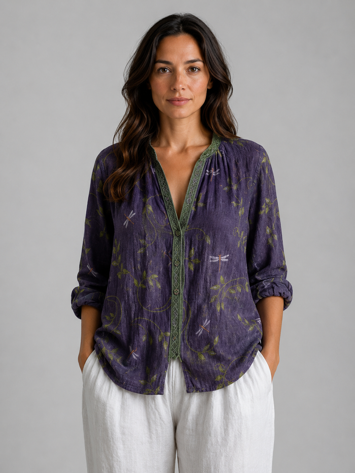 Marigold printed split-neck blouse in Purple dragonfly print – front view