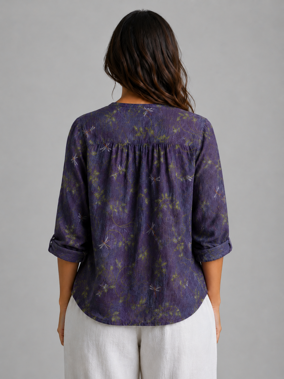 Marigold printed split-neck blouse in Purple dragonfly print – back view