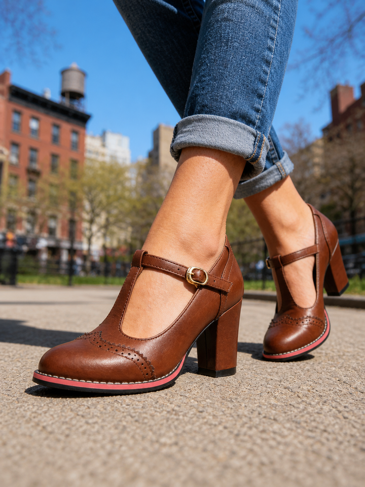 Women's Leather-Look Brogue T-Bar Block Heel Shoes Orsini – Brown – on foot