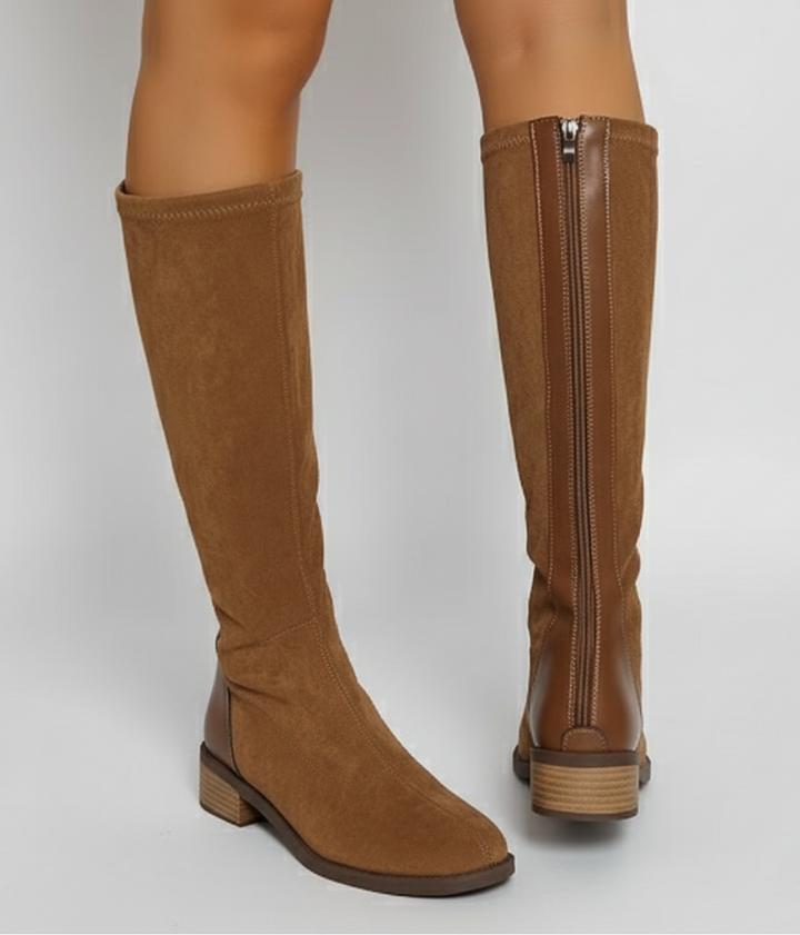 Women's Suede-Look Knee-High Block Heel Boots Camilla – Camel – front and back