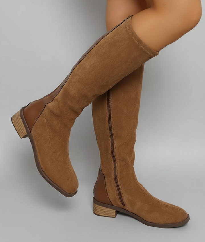 Women's Suede-Look Knee-High Block Heel Boots Camilla – Camel – side