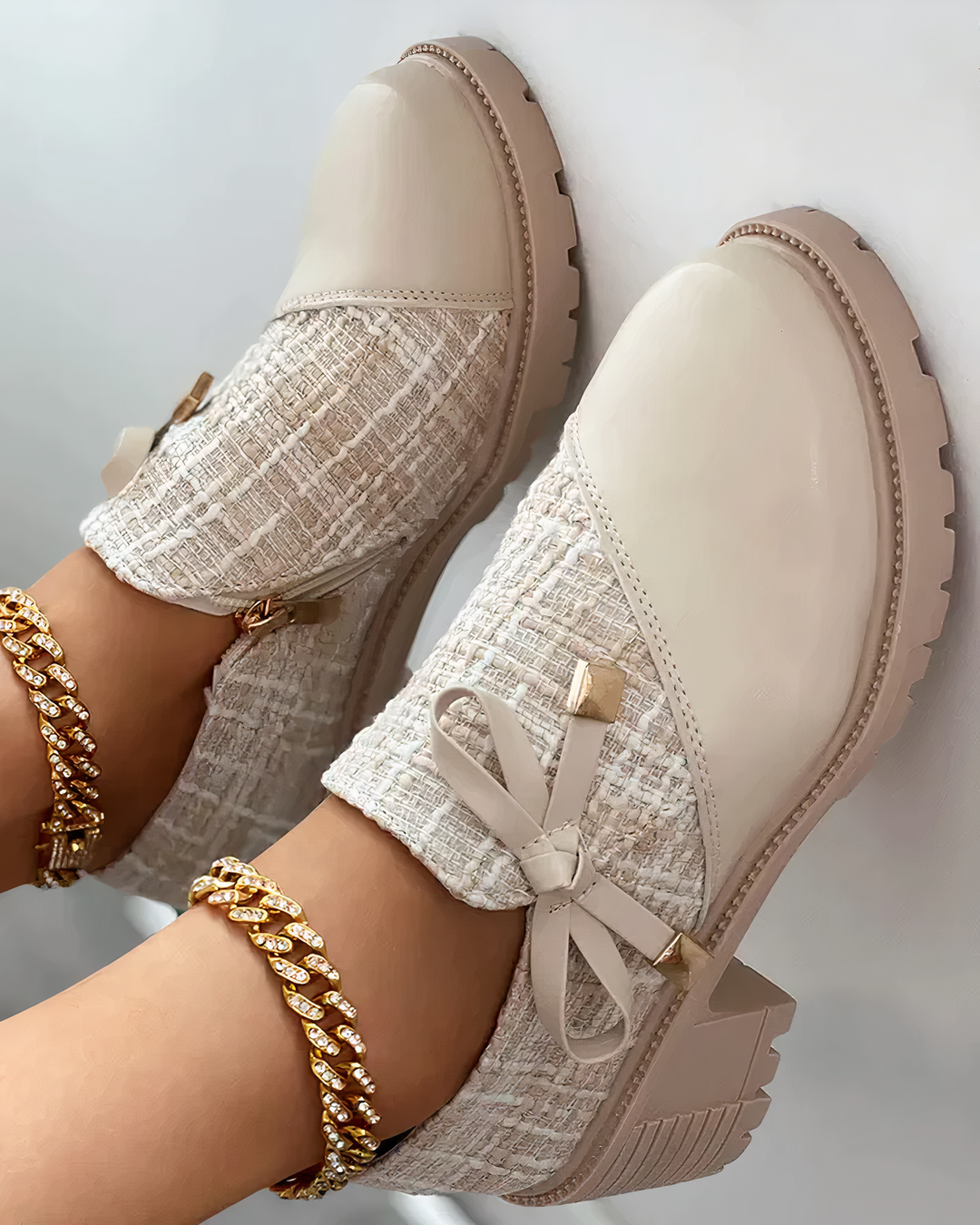 Women's tweed shoe boots Zena in Beige – top view