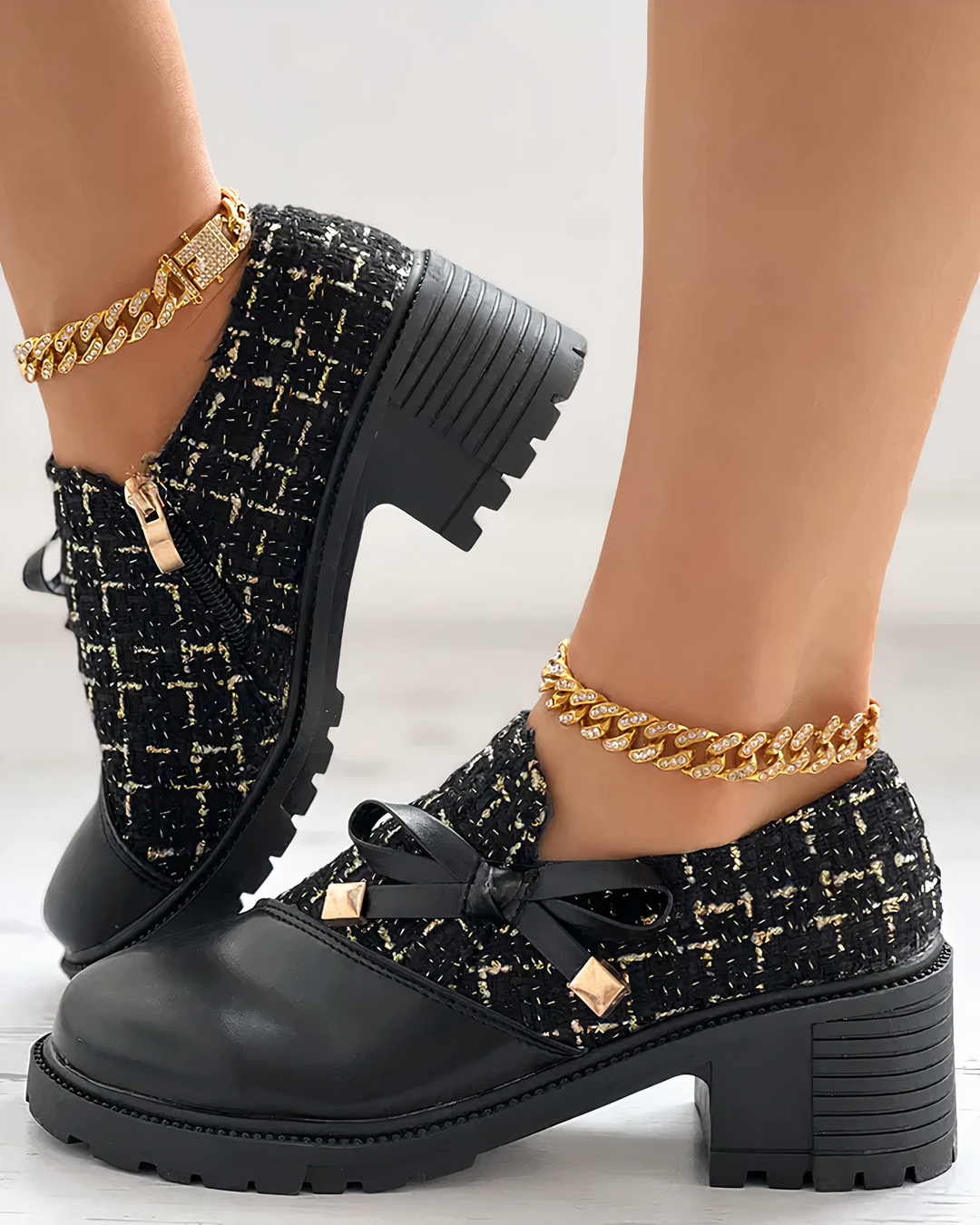 Women's tweed shoe boots Zena in Black – side zip view
