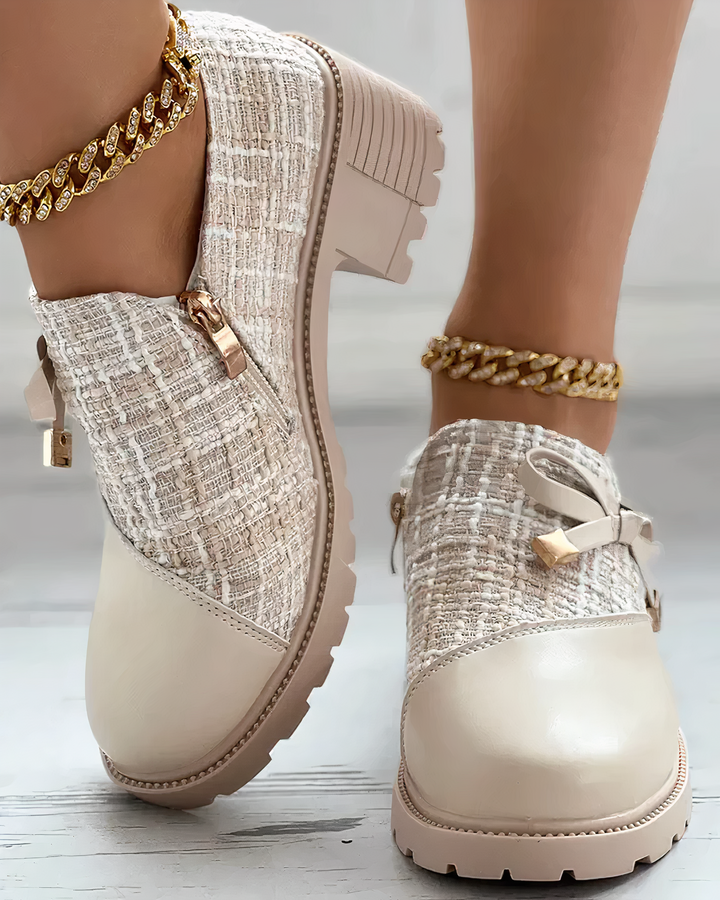 Women's tweed shoe boots Zena in Beige – side zip view