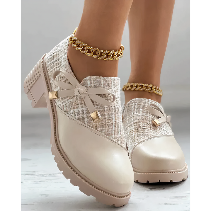 Women's tweed shoe boots Zena in Beige – front view with bow