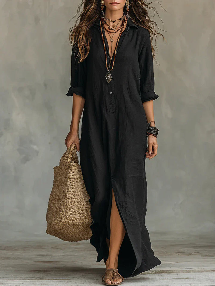 Selena™ | Black Loose Maxi Dress with Buttons
