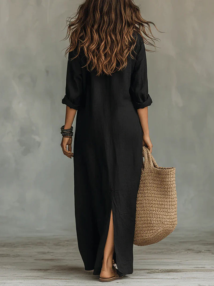 Selena™ | Black Loose Maxi Dress with Buttons