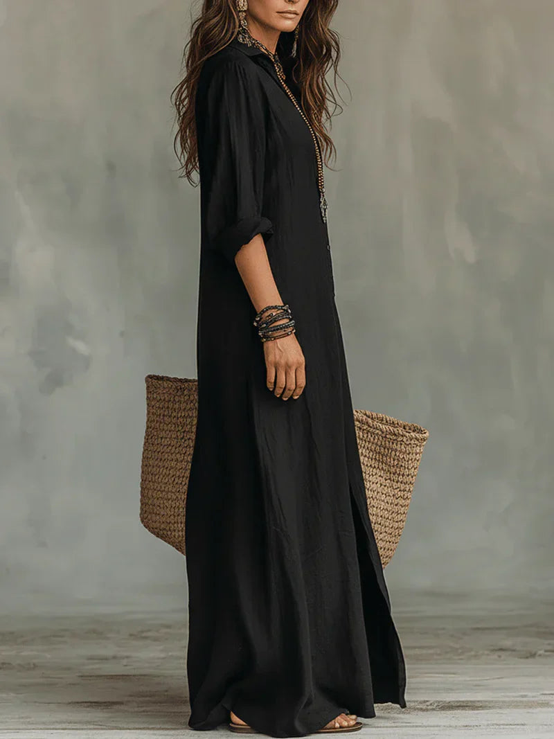 Selena™ | Black Loose Maxi Dress with Buttons