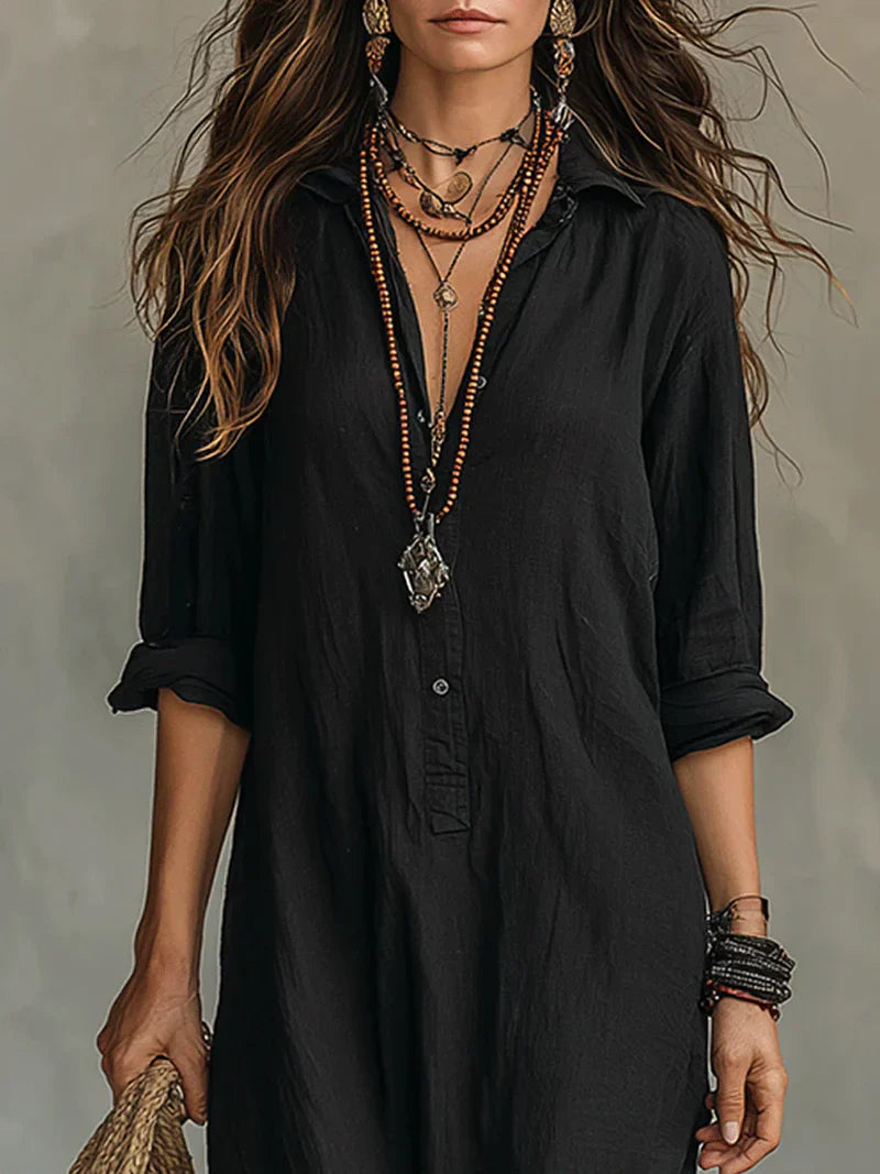Selena™ | Black Loose Maxi Dress with Buttons