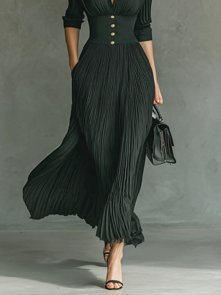Elvira - Pleated long dress with a lapel and high waist