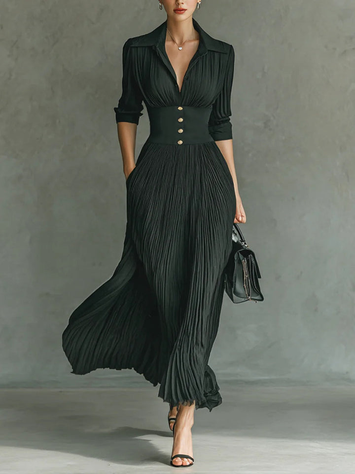 Elvira - Pleated long dress with a lapel and high waist