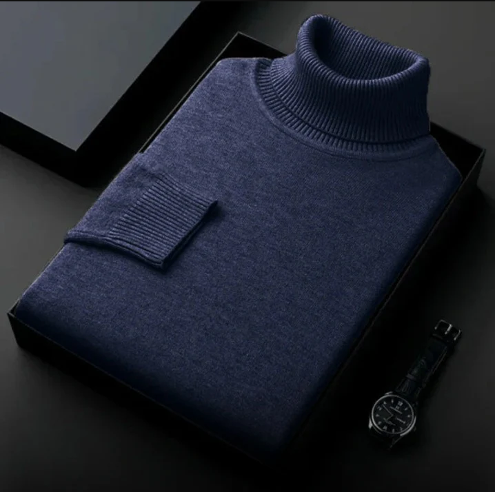 Men's fine knit roll neck jumper Zack in Navy – folded in box