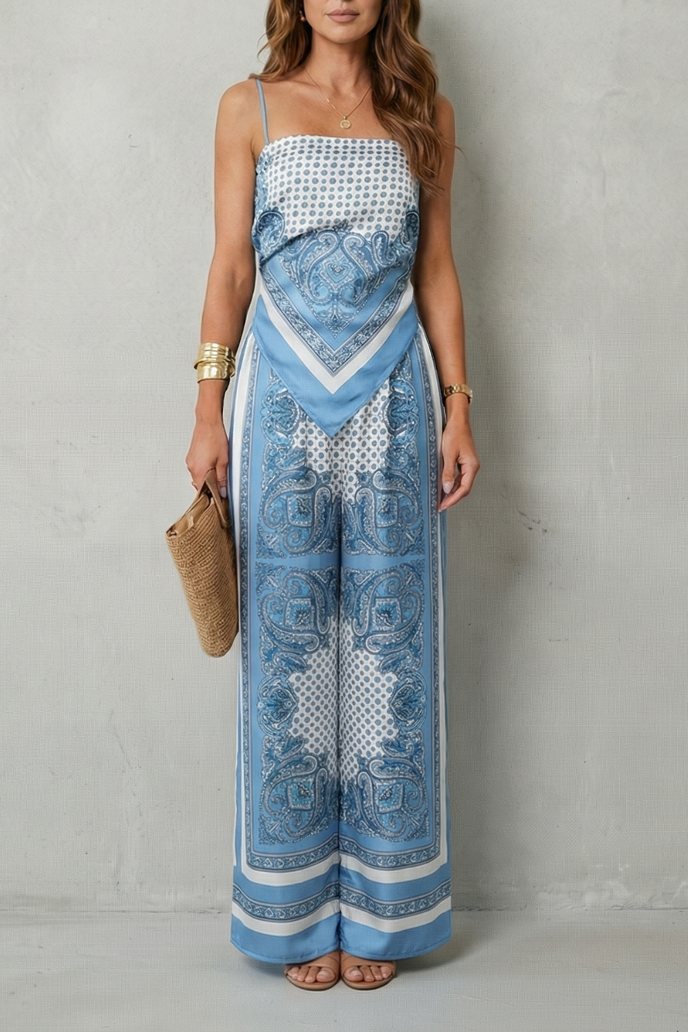 Women's Printed Strappy Top and Wide Leg Trouser Set - Cerisane