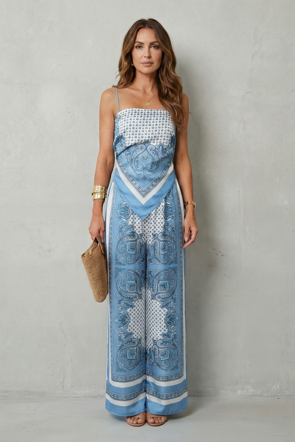 Women's Printed Strappy Top and Wide Leg Trouser Set - Cerisane