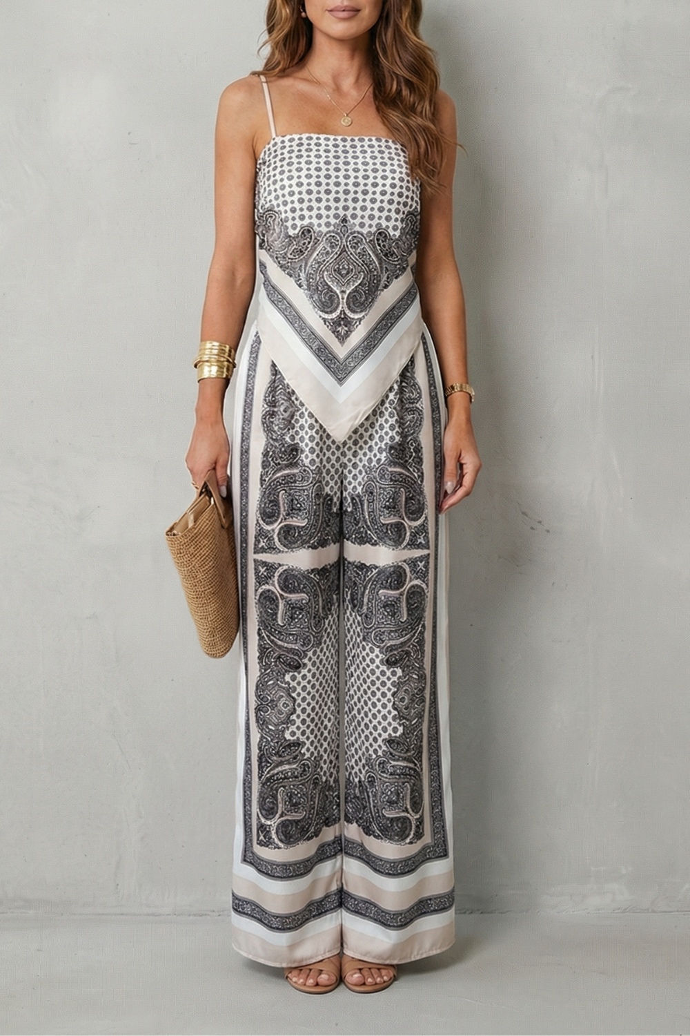 Women's Printed Strappy Top and Wide Leg Trouser Set - Cerisane
