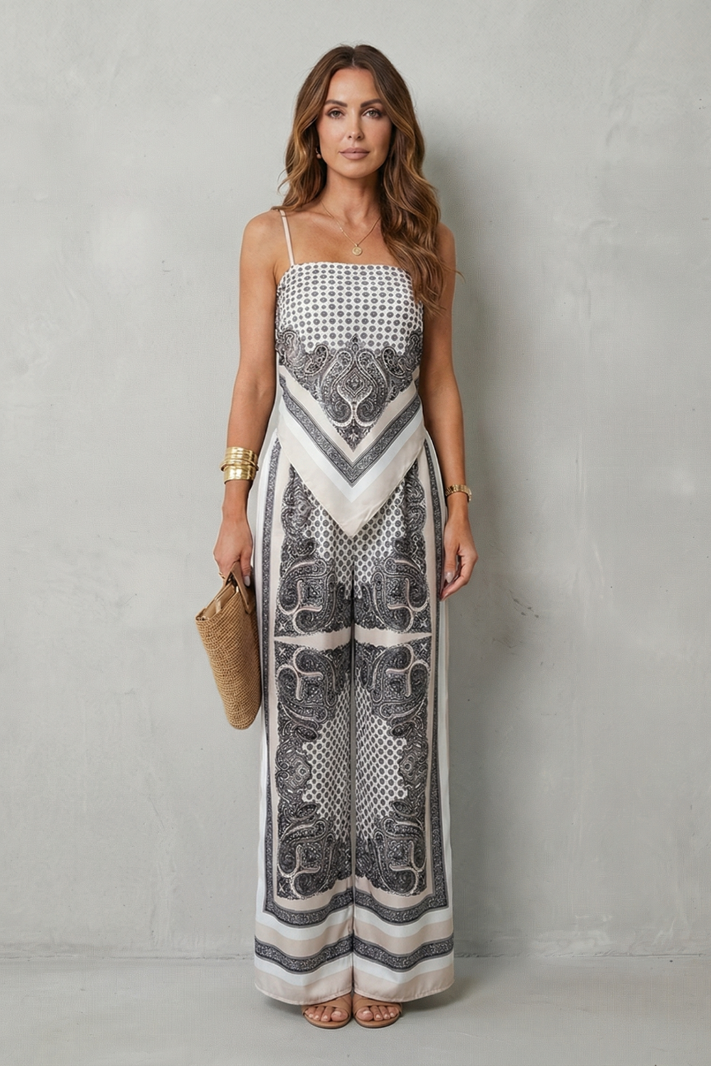 Women's Printed Strappy Top and Wide Leg Trouser Set - Cerisane
